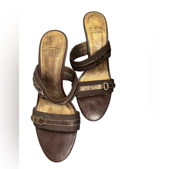 CIRCA JOAN & DAVID Leather And Canvas SZ 8 Open Toe Heel 2 Strap Y2K Bronze EUC - Picture 8 of 17